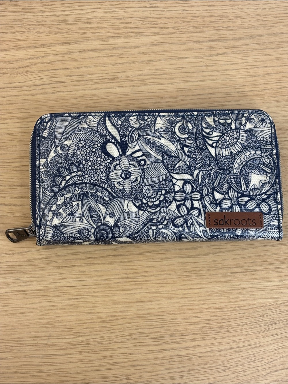 Sakroots Navy Floral Zip Around Wallet with Brown Logo Patch